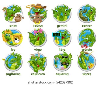Dragons horoscope set. Collection of twelve isolated zodiac signs with dragons