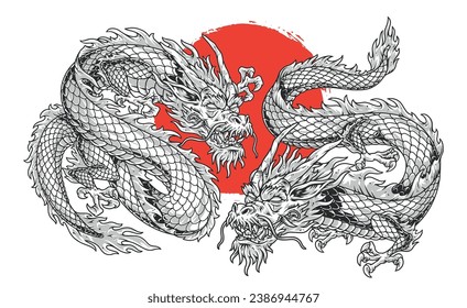 Dragons from japan sticker colorful with two fantastic demons in form lizards near national flag vector illustration