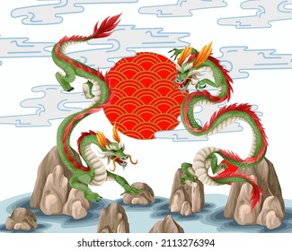 Dragons and mountains isolated. Oriental trendy print