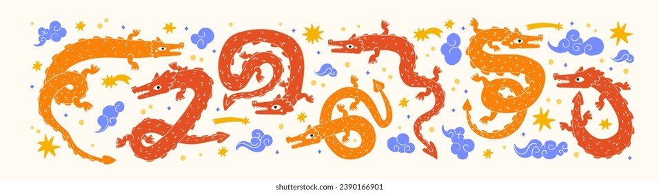 Dragons. Mythological creatures. Zodiac sign. Chinese asian cartoon style. Hand drawn colored Vector illustration. Print templates. New Year 2024 year of the dragon zodiac.