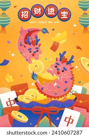 Dragons on yellow background with coins, gold and red envelope. Text: Bringing wealth and treasure