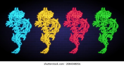 Dragons oriental neon light symbols. Chinese mythology and fantasy with neon style