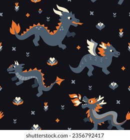 Dragons pattern in flat cartoon style. Seamless pattern on dark background with fantasy animals. Vector oriental illustration with fairytale characters. New year symbol. Abstract asian wallpaper. 