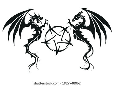 Dragons With Pentagram - Dragon Symbol Tattoo, Black And White Vector Illustration, Isolated On White Background