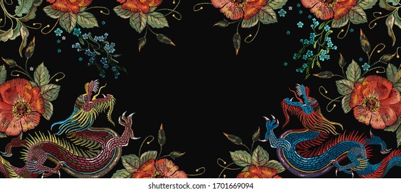 Dragons and red roses flowers. Japanese and chinese art. Fashion horizontal banner for design. Oriental asian concept 