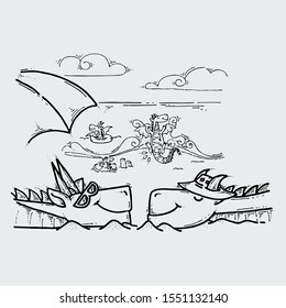 Dragons are resting on the beach on the warm sand under the hot sun. Fairytale cute monster. Vector illustration