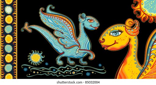 Dragons, the sea and the sun. Dark blue dragon and head of a yellow dragon. Mythological characters.