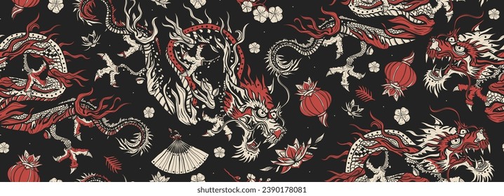 Patrón sin fisuras de dragones. Historia y cultura de la antigua China. Viajes asiáticos de fondo. Serpientes voladoras, fanáticos rosados y flores de loto. Arte oriental