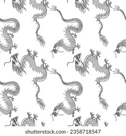 Dragons seamless pattern repeating background east ornament. Hand drawn animals vector illustration, decorative asian element for print, textile,wrapping, poster, template, card, packaging, design