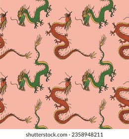 Dragons seamless pattern repeating background east ornament. Hand drawn animals vector illustration, decorative asian element for print, textile,wrapping, poster, template, card, packaging, design