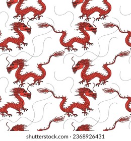  Dragons seamless pattern repeating background east ornament. Hand drawn animals vector illustration, decorative asian element for print, textile,wrapping, poster, template, card, packaging, design