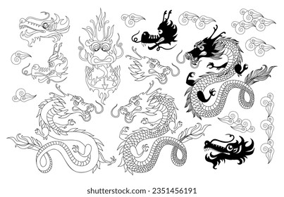 Dragons set. Chinese Dragon New Year. Mythological creatures. Zodiac sign. Hand drawn cartoon style vector illustration.