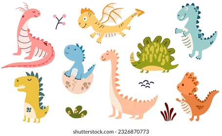 Dragons Set. Cute Colorful Little Dinosaurs in a cartoon Scandinavian style. The colorful cute children's illustration is perfect for a children's room. Vector Hand draw Illustration