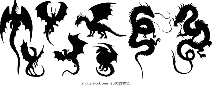 dragons set silhouette on white background, vector