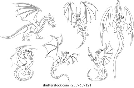 dragons set sketch, outline on white background, vector