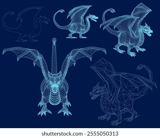 Dragons Set wireframe Illustration, Fantasy Stencil, Mythical Creature Vector, Tattoo Designs Clipart