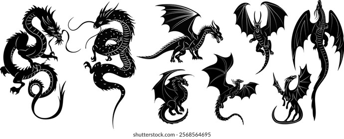 dragons silhouette set, vector on white background