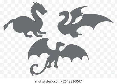 dragons silhouette set, vector on transparent background eps 10
