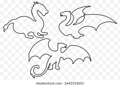 dragons silhouette set, vector on transparent background eps 10