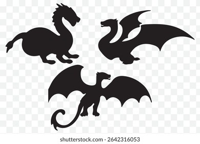 dragons silhouette set, vector on transparent background eps 10