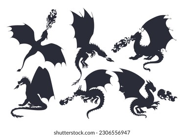 Dragons silhouettes. Flying fire breathing reptiles, medieval dragons characters. Fairy dragon silhouette flat vector illustration set