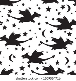 Dragons, stary night , magic world , cute characters vector seamless pattern on white background. Concept for print, wallpaper, wrapping paper, cards 