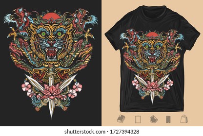 Dragons, tiger head, rising sun, sakura, lotus flowers and crossed swords. Yakuza art. Creative print for dark clothes. T-shirt design. Template for posters, textiles, apparels 