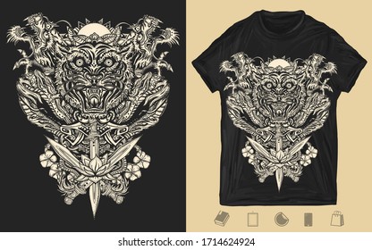 Dragons, tiger head, sakura, lotus flowers and crossed swords. Oriental art. One color creative print. T-shirt design. Template for posters, textiles, apparels. Vector illustration for dark clothes 