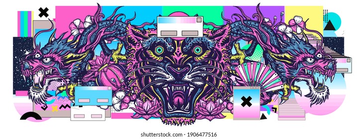 Dragons And Tiger Head. Vaporwave Music Art. Contemporary Glitch Concept. Surreal Retrofuturistic Vector Illustration. 80s And 90s Internet Lifestyle, Pop Culture Style. China And Japan Animals. 