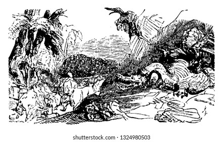 Dragons were winged serpents and do lots of noise. Arabs ate heart and liver of dragon wheel, vintage engraved line art illustration. Infernal Dictionary 1863.