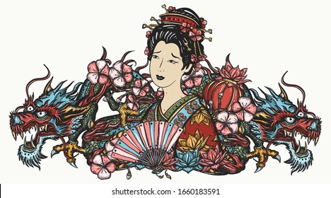 Dragons and сhinese woman, fan, lantern. Ancient China. Tattoo and t-shirt design. History and culture of Asia. Oriental art. Traditional tattooing style 