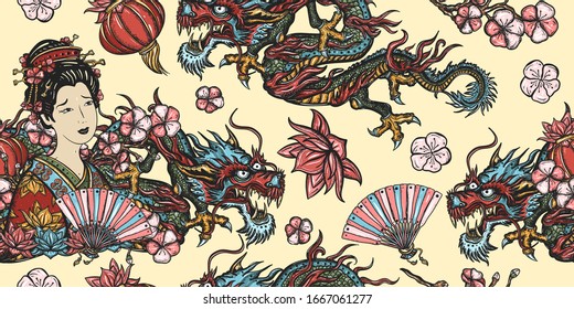 Dragons and сhinese woman, fan, lantern. Ancient China seamless pattern. Oriental background. Traditional tattooing style. History and culture of Asia 