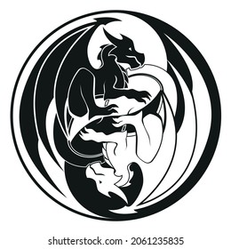 Dragons in Yin and yang circle - Dragon symbol tattoo, black and white vector illustration, isolated on white background