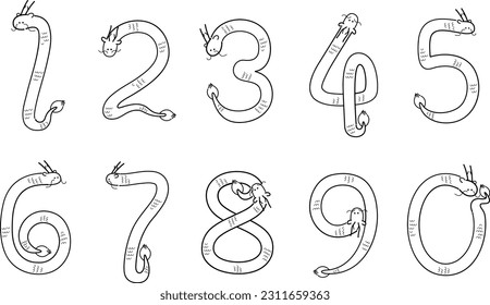 Dragon-shaped numbers.
Hand drawn dragon isolated on white background. Vector illustration in retro style.