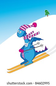 Dragon-skier.  dragon rolls down hill skiing