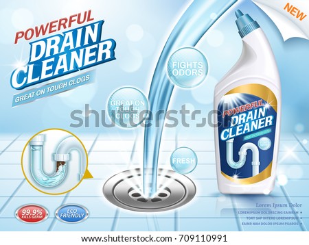 Drain cleaner ads, blue liquid pouring into clog with glittering effect in 3d illustration