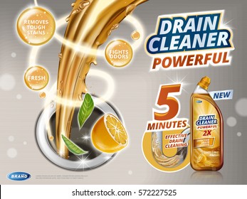 Drain cleaner ads, liquid flushing into drain with orange scent, detergent bottle in 3d illustration