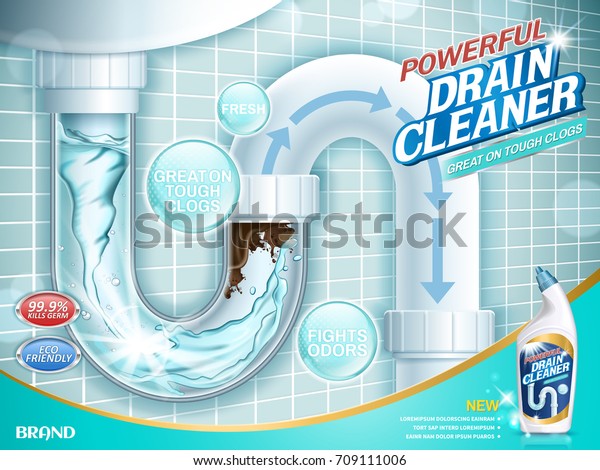 Drain cleaner ads, water pipe detergent with\
clear pipes section in 3d\
illustration