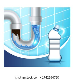 Drain Cleaner Blank Bottle Promo Banner Vector. Drain Clean Detergent Liquid Container, Bathroom Tile Wall And Pipe With Water On Advertising Marketing Poster. Style Color Concept Layout Illustration