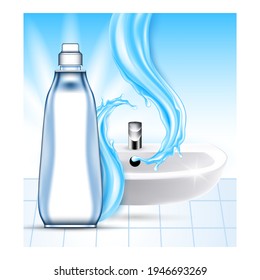 Drain Cleaner Creative Advertising Poster Vector. Drain Cleaning Liquid Blank Package, Water Splash And Sink Promo Marketing Banner. Grease, Slufge And Oils Style Color Concept Layout Illustration