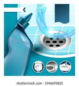 Drain Cleaner Kills Germs Promo Poster Vector. Cleaning Liquid Blank Package Wash Toilet, Sink And Bath Drain And Clogged Pipe Advertising Marketing Banner. Style Color Concept Template Illustration