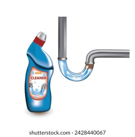 Drain cleaner and metal drain pipe. vector illustration