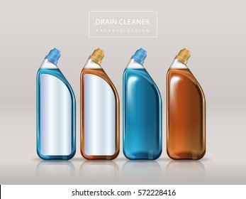 Drain cleaner package design, four blank bottles mockup for design isolated on beige background 