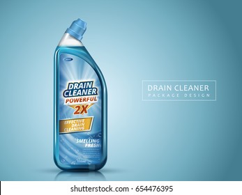 drain cleaner package design, isolated blue background, 3d illustration