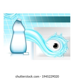 Drain Cleaner Super Power Promo Banner Vector. Drain Clean Blank Bottle, Sink And Water Splash On Advertise Poster. Detergent Digest Grease, Sludge And Paper Style Color Concept Template Illustration