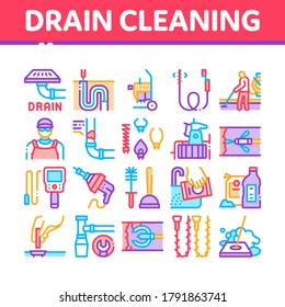 Drain Cleaning Service Collection Icons Set Vector. Drain System Clean Equipment And Agent Cleanser, Worker Cleaner Plumber Concept Linear Pictograms. Color Contour Illustrations