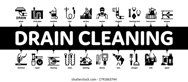 Drain Cleaning Service Minimal Infographic Web Banner Vector. Drain System Clean Equipment And Agent Cleanser, Worker Cleaner Plumber Illustration