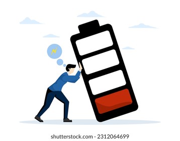 drain energy to work, Recharge your own energy. Intolerance to fatigue syndrome. Fight burnout at work. Employees try to prevent large batteries from falling on top of them. flat vector illustration.