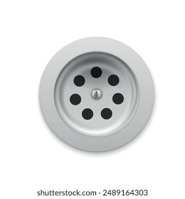 Drain hole for sink and bathtub metal drainage grate top view realistic vector illustration. Silver sewer for bathroom shower floor plumbing industrial sanitary equipment for water liquid flowing