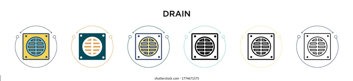 Drain icon in filled, thin line, outline and stroke style. Vector illustration of two colored and black drain vector icons designs can be used for mobile, ui, web